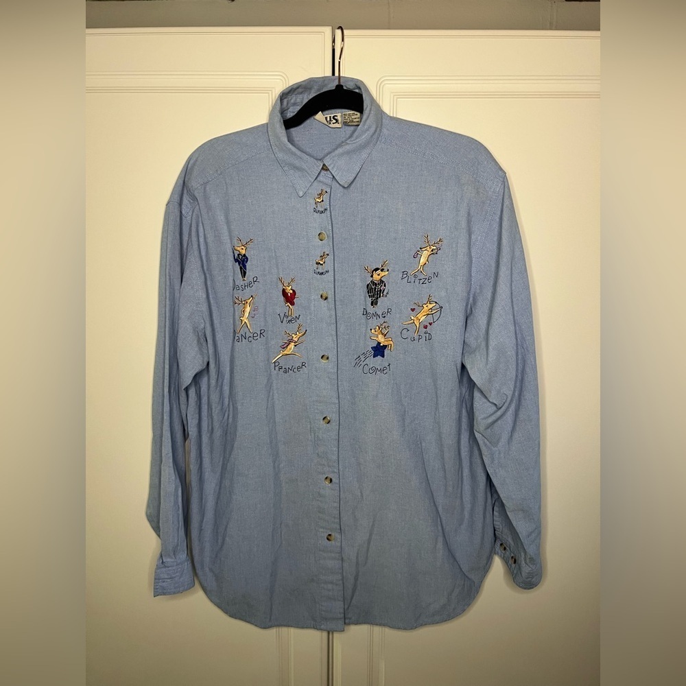 Vintage Christmas Embroidered Rudolph and Reindeer Friends Button Up